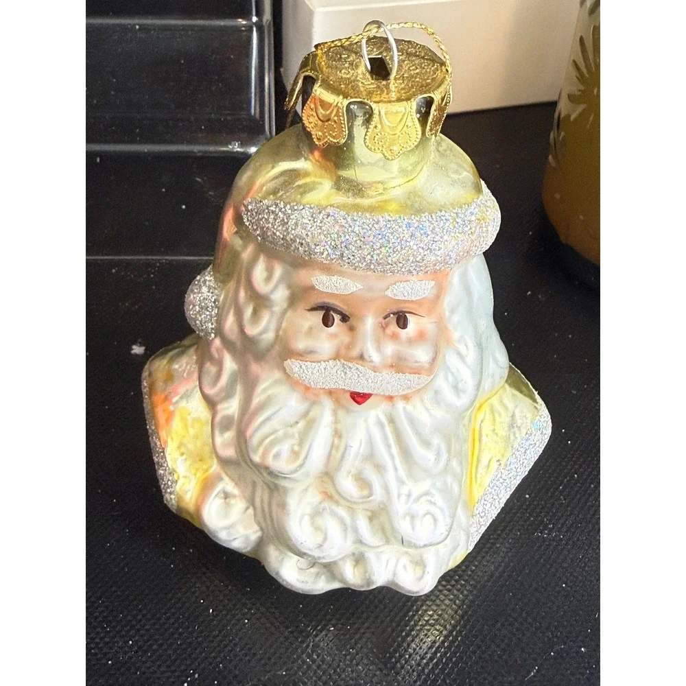 Vintage Blown Glass Santa Claus Bust Christmas‎ Ornament Glitter Accents Gold
